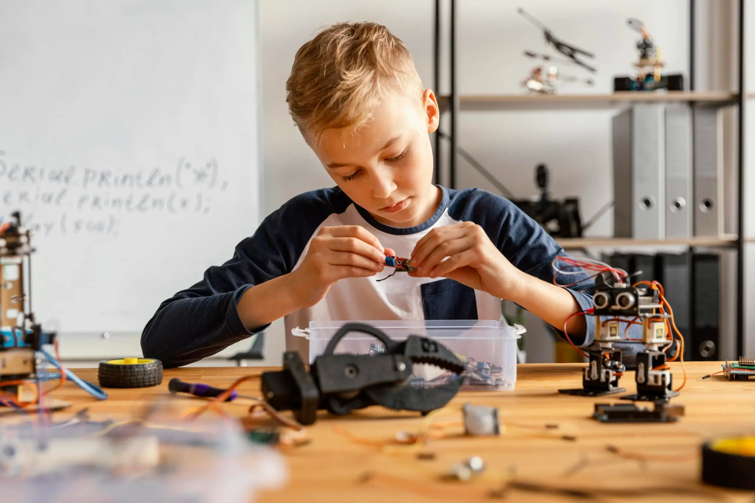 A child assembling a small robot