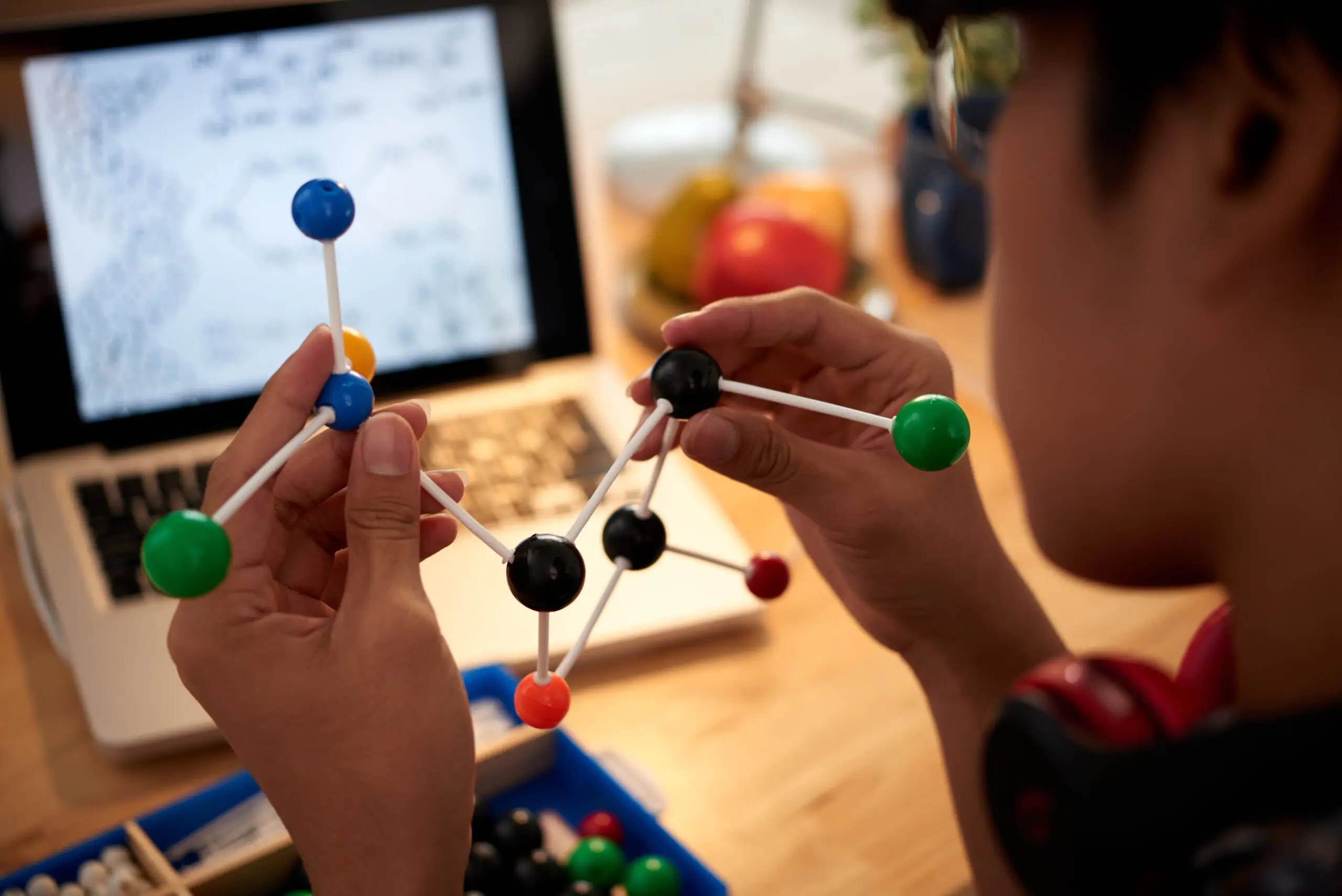 Students examining a molecular model